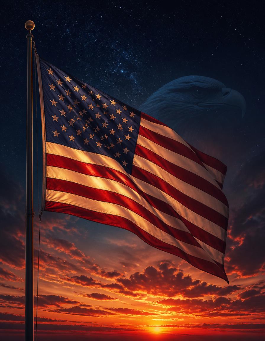 American flag waving at golden hour with eagle silhouette